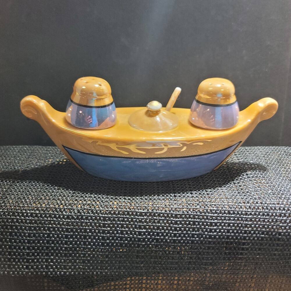 Takito Golden Orange Blue Lusterware Vintage Japanese salt pepper condiment boat